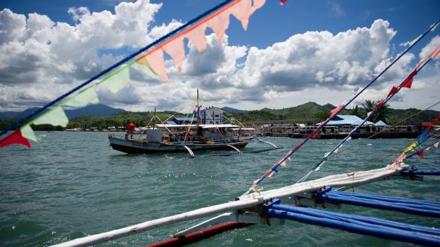 A tourist boat sailing through Honda Bay in Palawan.